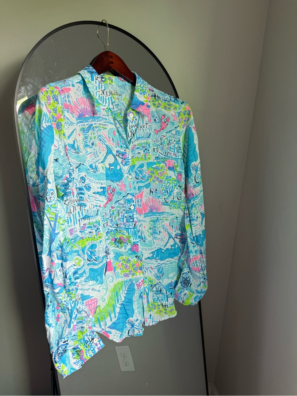 Lilly Pulitzer Sea View Linen Button Down Long Sleeve Shirt
